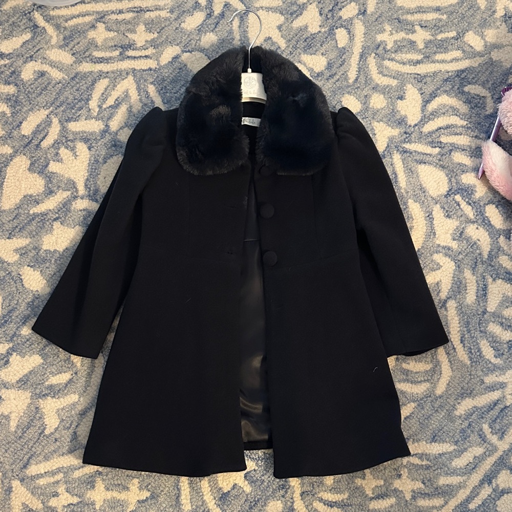 Chic Black Kids Pea Coat with Faux Fur Collar